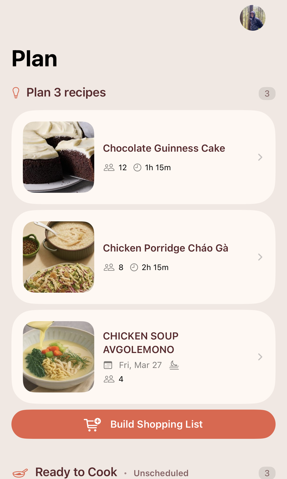 Three planned recipes with a Build Shopping List button