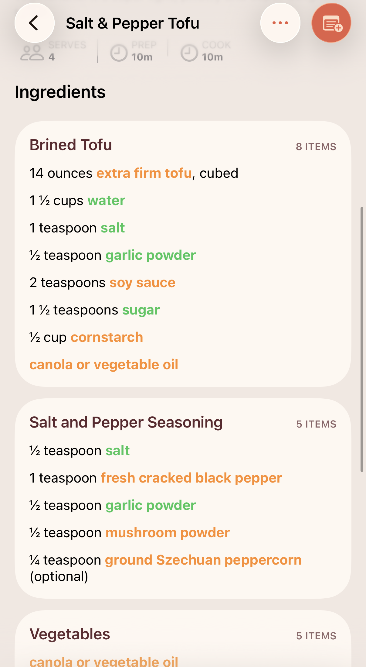 Simmersong ingredient list for Salt and Pepper Tofu, organized by component with highlighted items